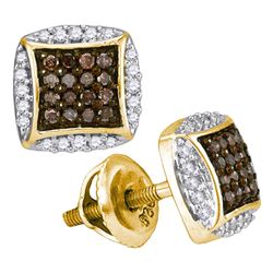 0.30 CTW Cognac-brown Color Diamond Square Cluster Earrings 10KT Yellow Gold - REF-18Y2X