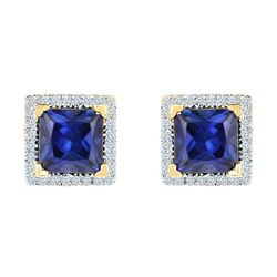 2 CTW Princess Created Blue Sapphire Stud Earrings 10KT Yellow Gold - REF-25N4F