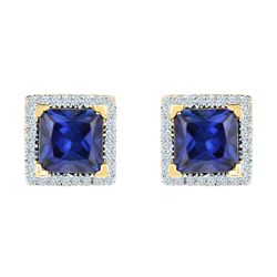 2 CTW Princess Created Blue Sapphire Stud Earrings 10KT Yellow Gold - REF-25N4F