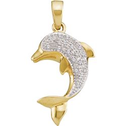 0.10 CTW Diamond Dolphin Fish Animal Pendant 14KT Yellow Gold - REF-19K4W