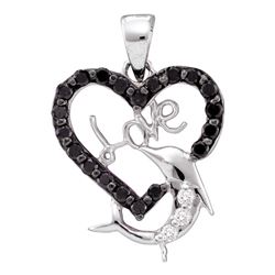 0.40 CTW Black Color Diamond Dolphin Heart Love Pendant 14KT White Gold - REF-20X9Y