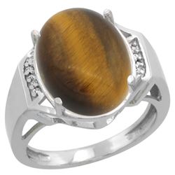 Natural 11.02 ctw Tiger-eye & Diamond Engagement Ring 10K White Gold - REF-37Z2Y