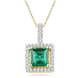 1.37 CTW Cushion Created Emerald Solitaire & Diamond Pendant 10KT Yellow Gold - REF-13H4M