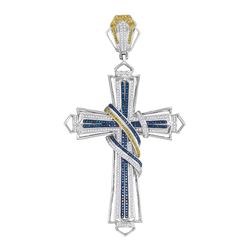 1.6 CTW Mens Blue & Yellow Color Diamond Bound Cross Charm Pendant 10KT White Gold - REF-194H9M