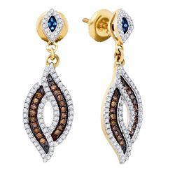 0.55 CTW Brown Blue Color Diamond Dangle Earrings 10KT Yellow Gold - REF-41W9K