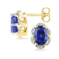 2.5 CTW Oval Created Blue Sapphire Solitaire Diamond Earrings 10KT Yellow Gold - REF-18K2W