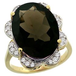 Natural 13.83 ctw smoky-topaz & Diamond Engagement Ring 14K Yellow Gold - REF-124A4V