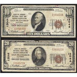 Set of 1929 $10 & $20 San Francisco CA National Currency Notes CH# 13044