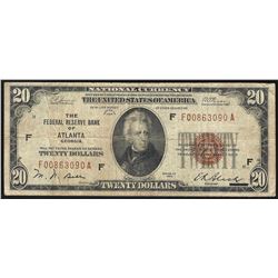 1929 $20 Federal Reserve Bank Note Atlanta