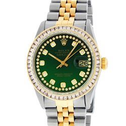 Rolex Mens Two Tone Green String Princess Cut Diamond Datejust Wristwatch