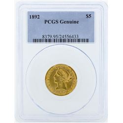 1892 $5 Liberty Head Half Eagle Gold Coin PCGS Genuine