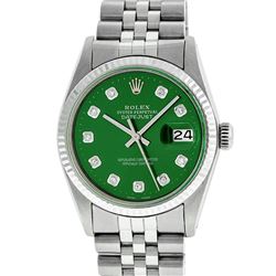 Rolex Mens 36mm Stainless Steel Green Diamond Datejust Wristwatch