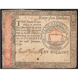 January 14, 1779 $65 Continental Currency Note