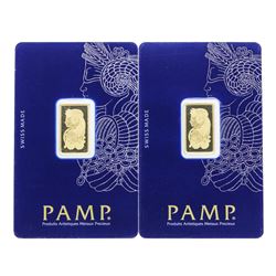 Lot of (2) 5 gram .9999 PAMP Suisse Fine Gold Ingot Bars