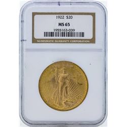 1922 $20 St. Gaudens Double Eagle Gold Coin NGC MS65