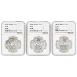 Lot of (3) Mexico 1 Onza Silver Libertad Coins NGC MS66