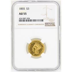 1855 $3 Indian Princess Head Gold Coin NGC AU55