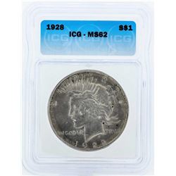 1928 $1 Peace Silver Dollar Coin ICG MS62