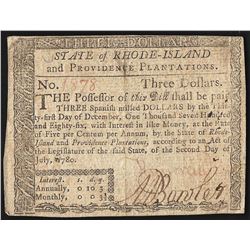 July 2, 1780 $3 Rhode Island Colonial Currency Note