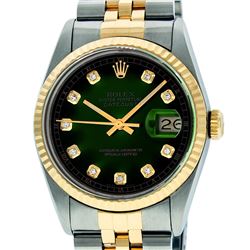 Rolex Mens 36mm Two Tone Yellow Gold Green Vignette Diamond DateJust Wristwatch