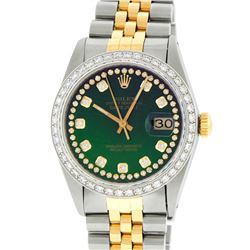 Rolex Mens Two Tone Green String Diamond Datejust Wristwatch