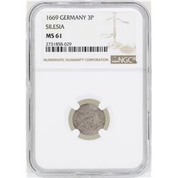 1669 Germany 3 Pfennig Silesia Coin NGC MS61