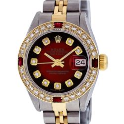 Ladies Rolex Two Tone Red Vignette Diamond and Ruby Datejust Wristwatch