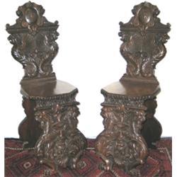 Pair of C19th Italian sgabelli, profusely carved with masks, mythical beasts &...