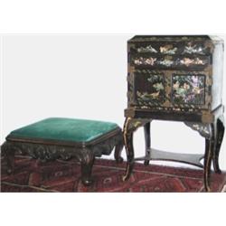 Victorian floral carved walnut lounge stool with green upholstered drop-in...