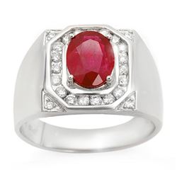 3.60 CTW Ruby & Diamond Men's Ring 14K White Gold - REF-104X5R - 14467