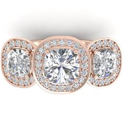 2.7 CTW Cushion Cut Certified VS/SI Diamond Art Deco 3 Stone Ring 14K Rose Gold - REF-592N7A - 30343