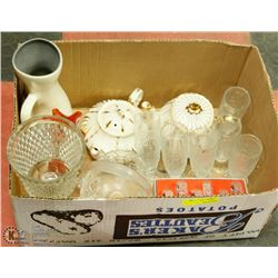 ESTATE BOX WITH SERVING DISHES, VASES, TEA POTS,