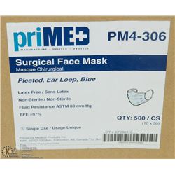 CASE OF 500 PRIMED SURGICAL FACE MASKS PLEATED