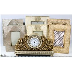 FLAT OF 6 SHOWHOME PICTURE FRAMES AND MANTLE CLOCK