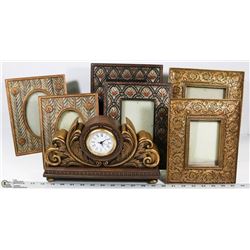 FLAT OF 6 SHOWHOME PICTURE FRAMES AND MANTLE CLOCK