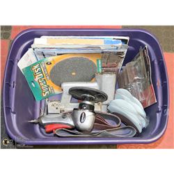 PURPLE BIN W/ AIR TOOLS AND SAND PAPER -