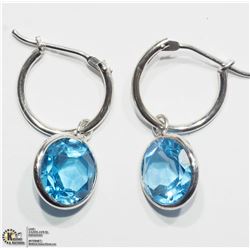 15) 14K WHITE GOLD BLUE TOPAZ HOOP EARRINGS
