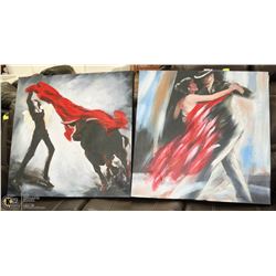 2 MIXED MEDIA PAINTINGS ON CANVAS, 1 WITH A BULL