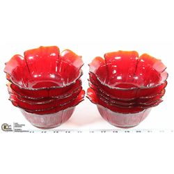 SET OF 10 CRANBERRY GLASS BOWLS.