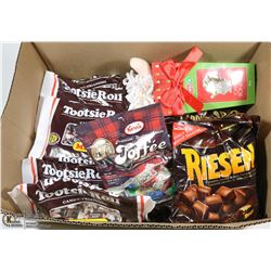 LARGE FLAT WITH 16 BAGS OF TOFFEE, CARAMELS,