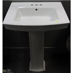 SQUARE WHITE PEDESTAL SINK WITH 3 HOLE FAUCET