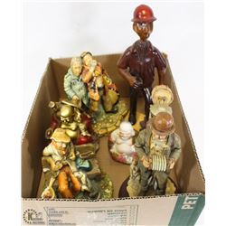 FLAT OF FIGURINES INCL CHALK, WOOD AND PORCELAIN