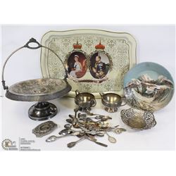 FLAT OF SILVER PLATED AND COLLECTABLES INCL SPOONS
