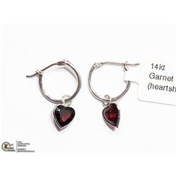 10) 14K WHITE GOLD GARNET HEART HOOP EARRINGS