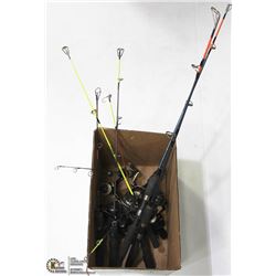 BOX OF ICE FISHING RODS & REELS