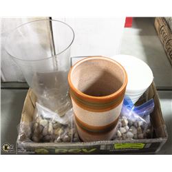 BOX WITH VASES, DECORATIVE ROCKS & 3 FRUIT BOWLS