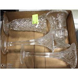 BOX OF CRYSTAL VASES/CANDLESTICKS