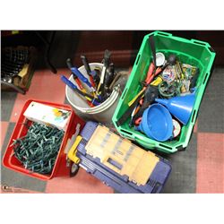 HUGE TOOL LOT INCLUDES, TOOLBOX, PAIL OF HANDTOOLS