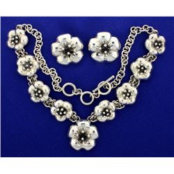 Designer Heavy Sterling Silver Necklace and Earrings Flower Design Set