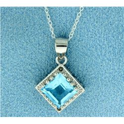 2ct Blue Topaz with Diamond Pendant and Chain